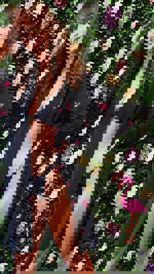 Long Sleeve Oversized Shirt in Black Flamingo