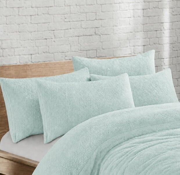 Night Zone Teddy Bear Fleece Pillowcases Pair – Soft Warm Plush Pillow Covers - Duck Egg