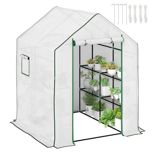 White walk-in greenhouse with clear mesh sides, zip door, and multi-tier shelves