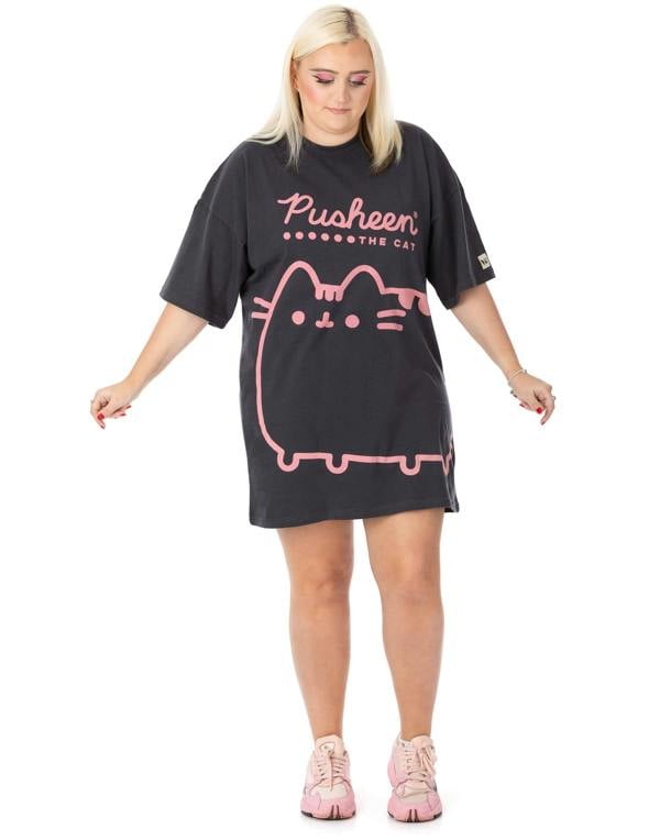 Pusheen Womens Grey Pusheen Character & Logo Print Oversized Short Sleeved T-Shirt