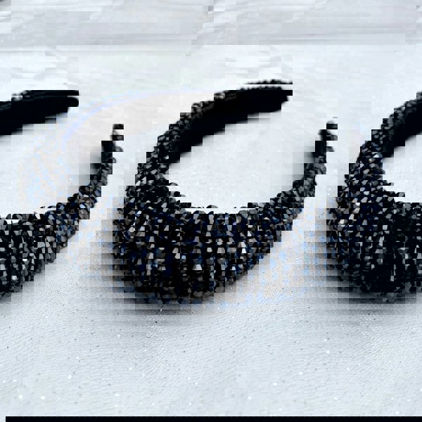Navy sparkly headband, fully beaded design, faceted crystal beads, shimmering finish, padded band, elegant statement hair accessory, glamorous evening headband
