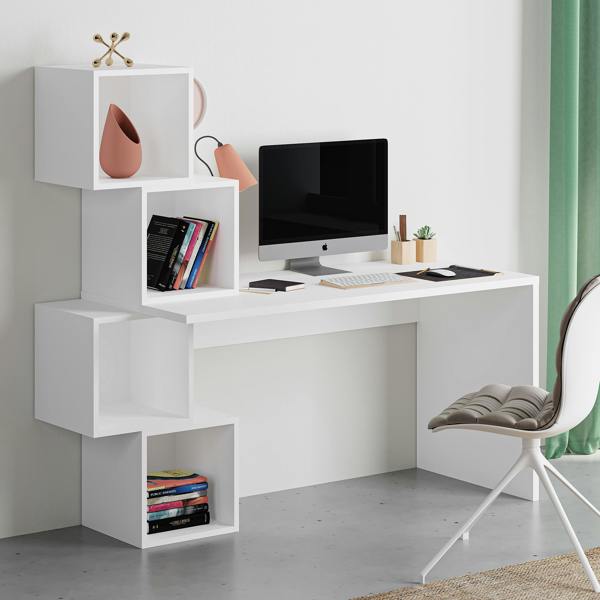 Decortie Balance Desk Modern 4-Tier Open Storage Shelves Engineered Wood 140x153.5x60cm