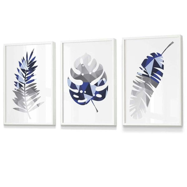 Artze Wall Art GEOMETRIC Set of 3 Blue & Grey Tropical Leaves Framed Prints