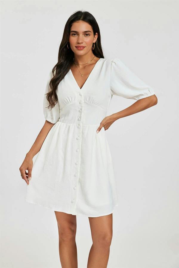 FS Collection Puff Sleeve Button Down Mini Dress In White