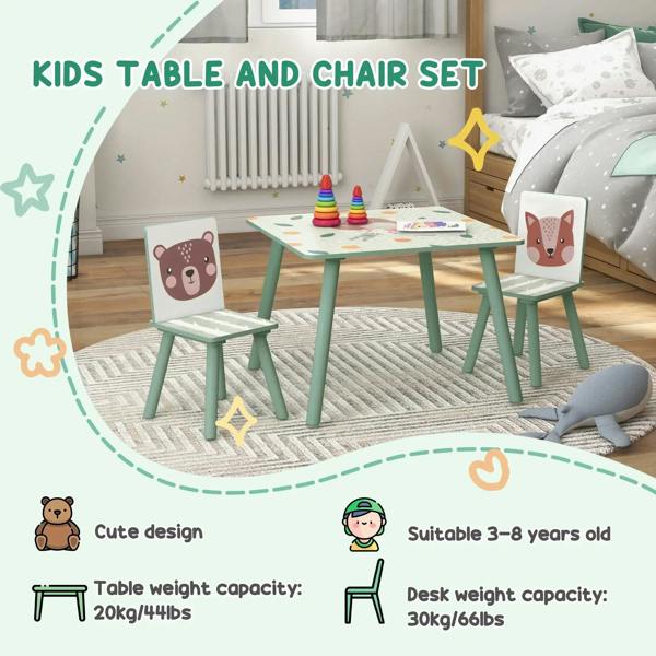 Green kids table and chair set with bear and fox backrests for ages 3 to 6