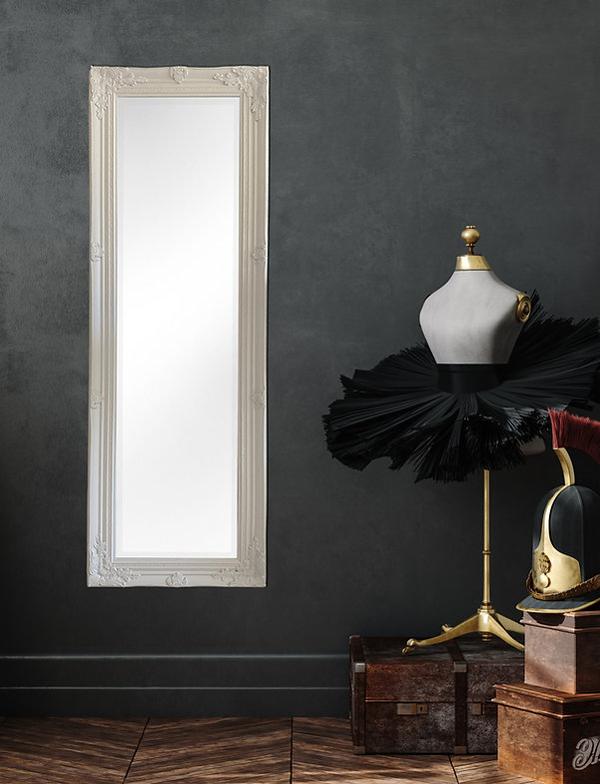 Downton Interiors Antique Style Plain White Tall Ornate Dressing Wall Mirror with Bevelled Glass 142cm