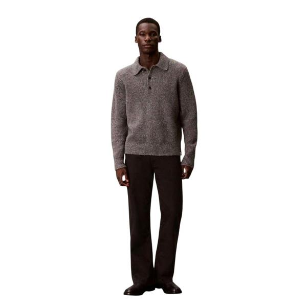 Calvin Klein Mens Heather Long-Sleeved Polo Sweatshirt - Grey Heather - 