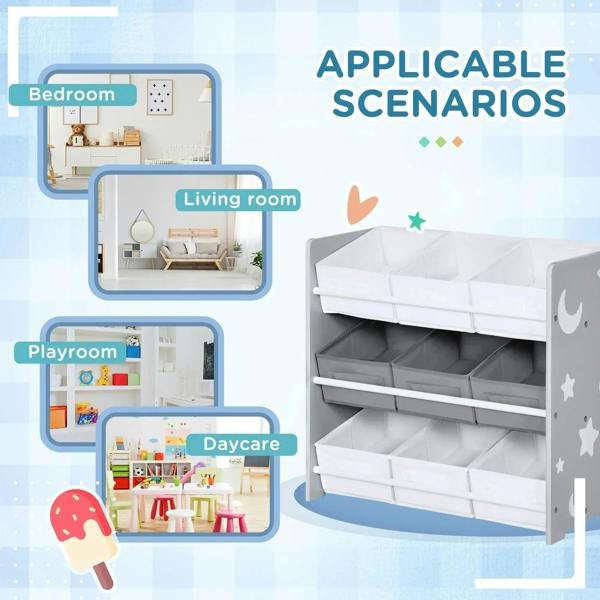 Grey kids storage rack with removable baskets, moon and star pattern on side panels