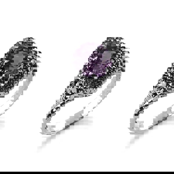 Gemondo Art Nouveau Style Round Amethyst & Marcasite Floral Ring in Sterling Silver