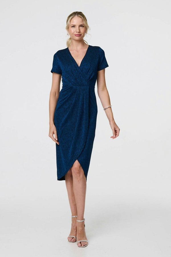 Blue | Sparkly Ruched Short Sleeve Midi Dress
