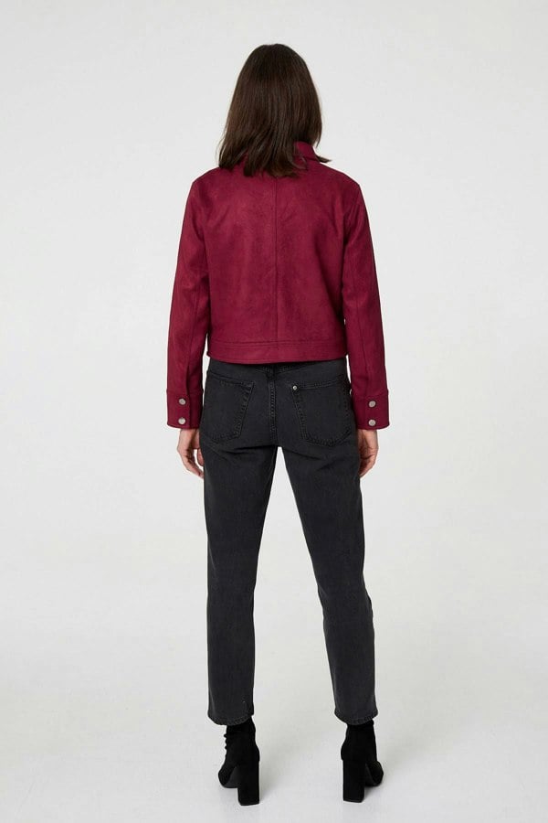 Burgundy | Faux Suede Cropped Collared Jacket
