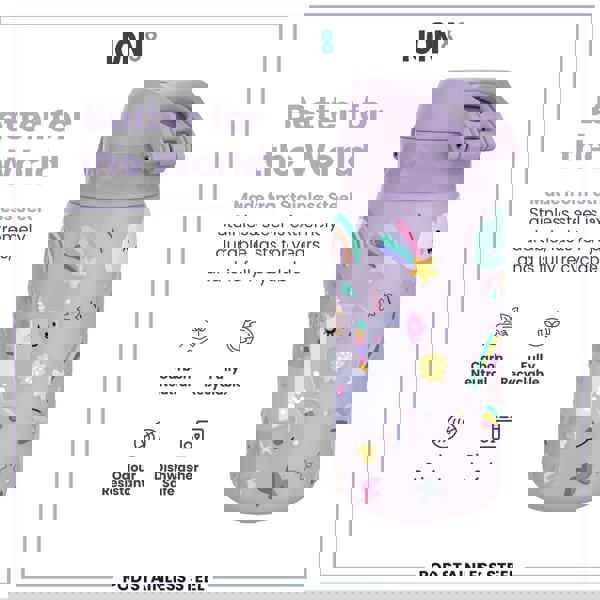 ION8 Leak Proof Kids Water Bottle, Stainless Steel, Purple Unicorns, 400ml (13oz)