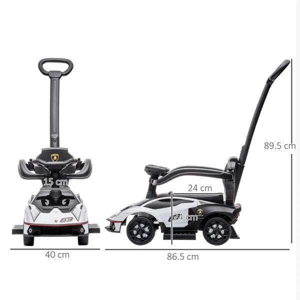 White and black ride-on push car side view with parent handle and seat