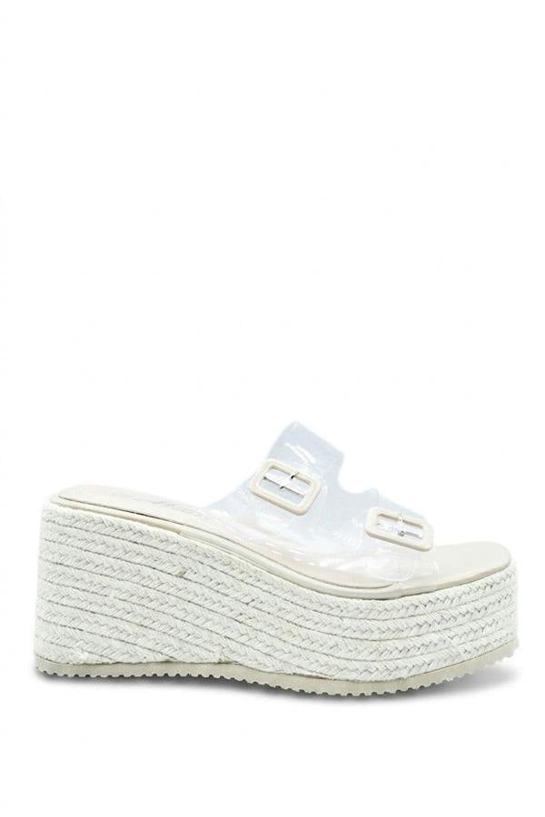 Edna Double Buckle Transparent Straps Slip On Wedge Heels - Beige_wb