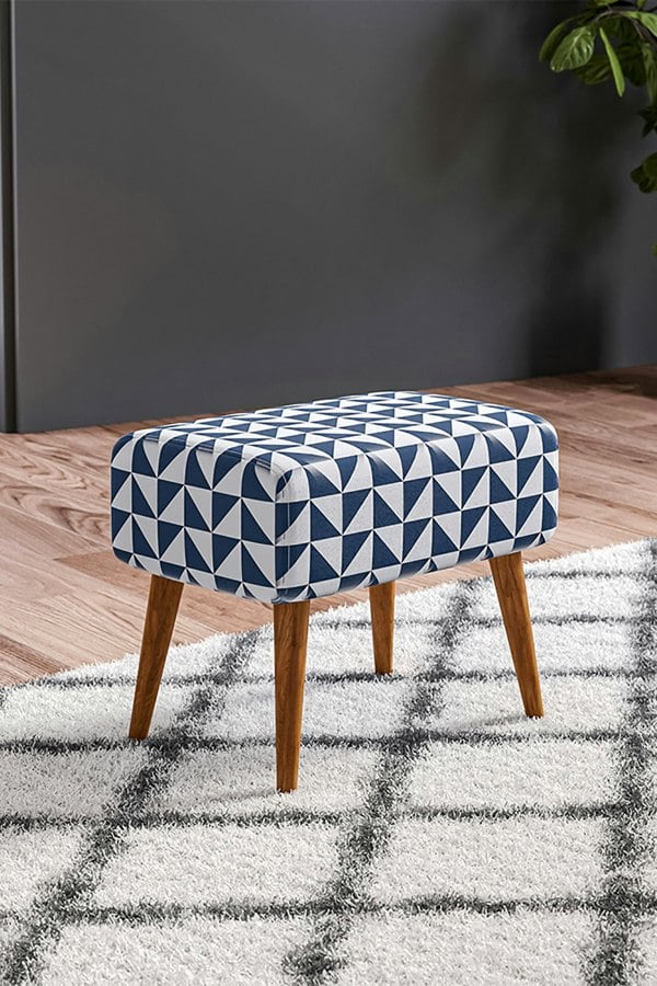Living and Home Triangle Printing Patterned Linen Ottoman Footstool with Walnut Color Legs