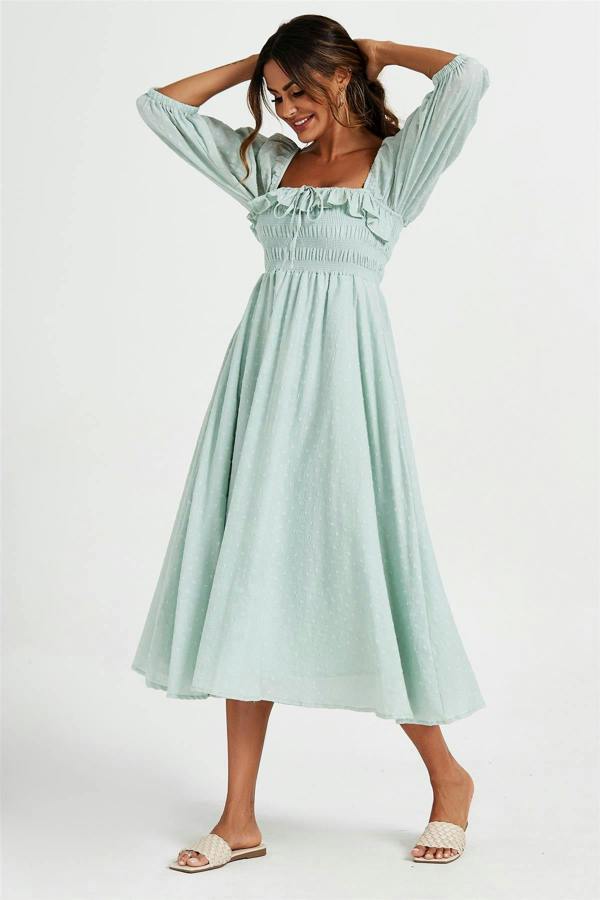 FS Collection Frill Detail Square Neckline Midi Dress In Light Green