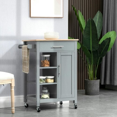 Wyld Haus Sovasa Wooden Grey Compact Kitchen Trolley With OFauxn Shelves And Drawer Storage