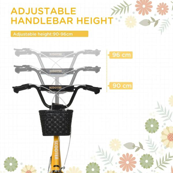 Orange kids kick scooter with adjustable handlebar height and black wire basket
