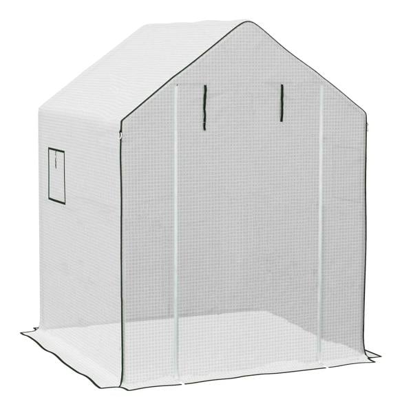 White walk-in PE greenhouse cover with front door opening and window panels, arched roof