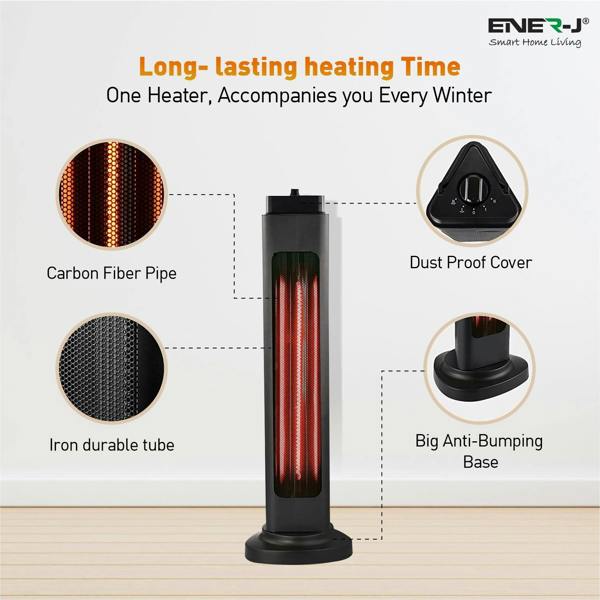 ENER-J 1200W Portable Infrared Heater, Carbon Tube Electric Space Heater, 600W/1200W, Oscillating, IP34 Rated, Energy Efficient