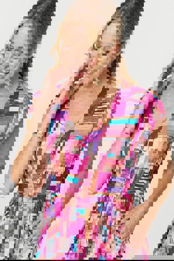 Pink | Geo Print Cap Sleeve Shirred Midi Dress