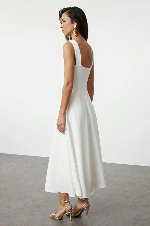 Square Neck Thick Strap A-Line Midi Dress