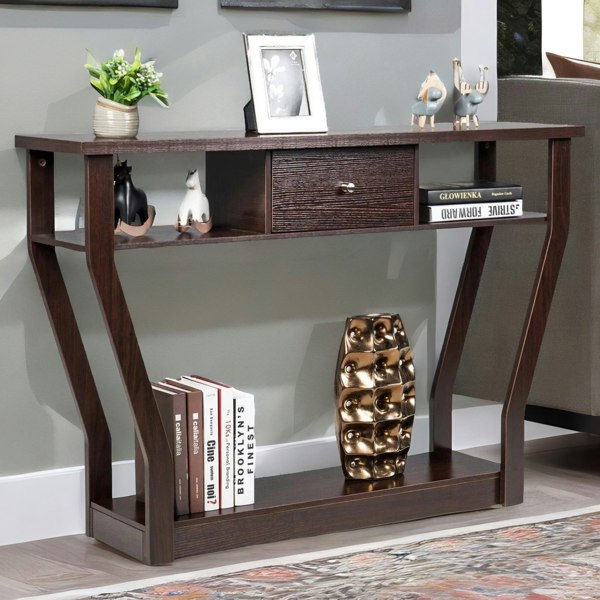 Rafaelo Mobilia Industrial Narrow Console Table With Drawer Walnut Bown