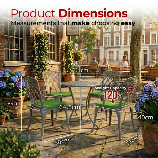 Homeology OSHOWA Luxurious Garden and Patio Table and 4 Large Chairs with Armrests Cast Aluminium Bistro Set - Grey with Green Cushions