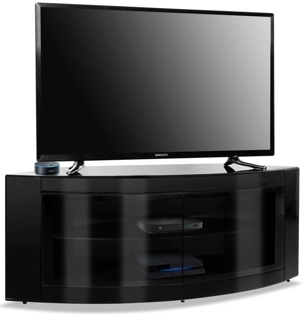 Homeology PANGEA Gloss Black Beam-Thru Glass Doors Curved Unit Tru-Corner 32"-50" TV Cabinet