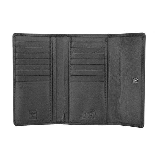 Black wallet with multiple card slots on a white background