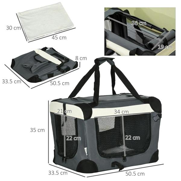 Grey foldable pet carrier with cushion, showing measurement diagram with labeled panels.