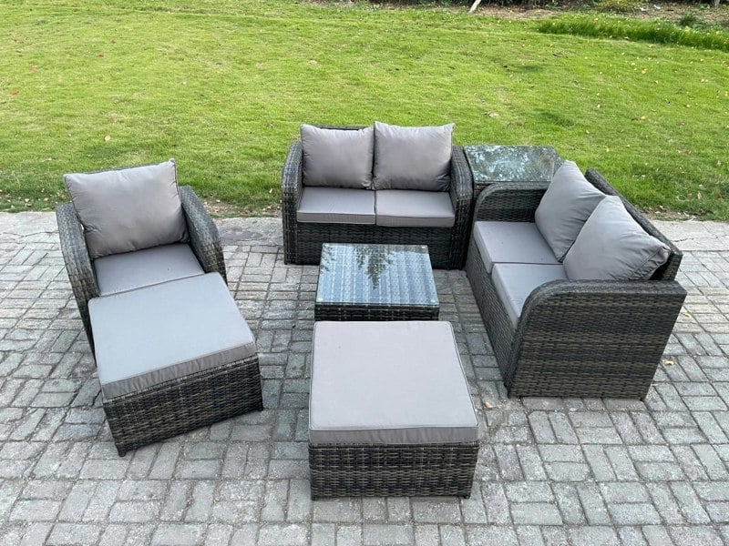 Fimous PE Rattan Garden Furniture Sets Outdoor Love Sofa Chair Set Square Coffee Table Side Table 2 Big Footstool