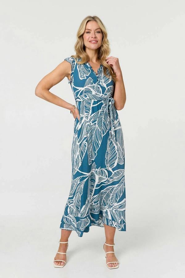 Blue | Leaf Print Sleeveless Maxi Dress
