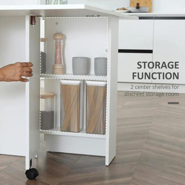 White folding drop-leaf table with two center shelves for concealed storage