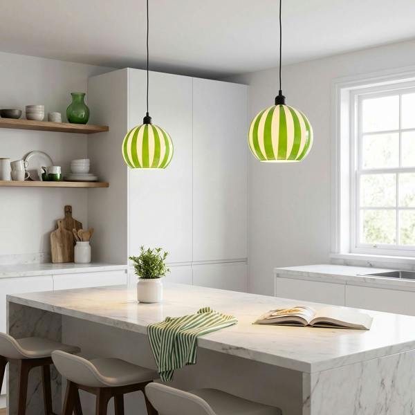 Green and White Striped High Gloss Glass Globe Pendant Light Shade Image 6