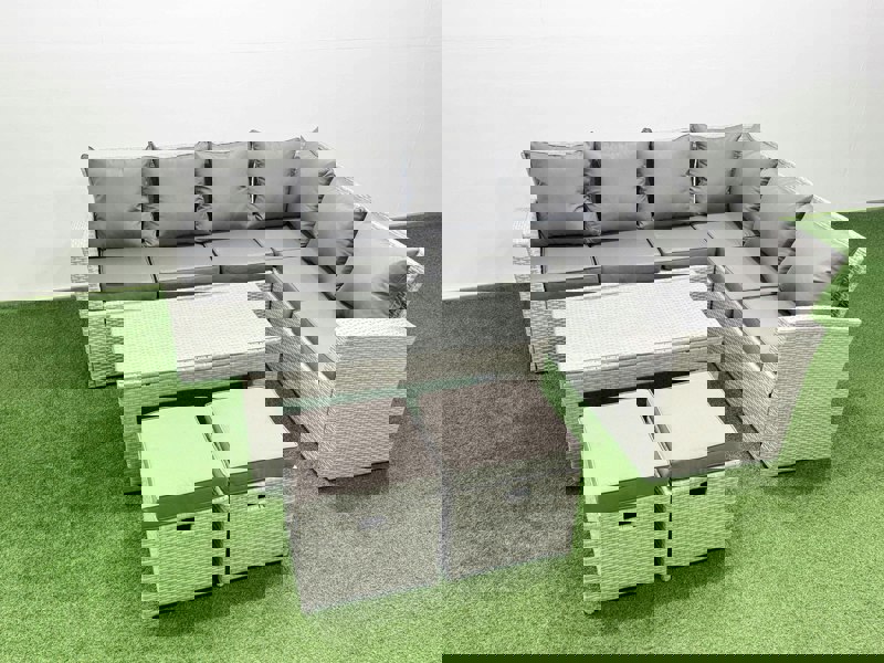 Fimous 8 Seater Garden Outdoor Rattan Furniture Set Rattan Corner Sofa Oblong Coffee Table Set with 2 Small Footstools Light Grey Mixed