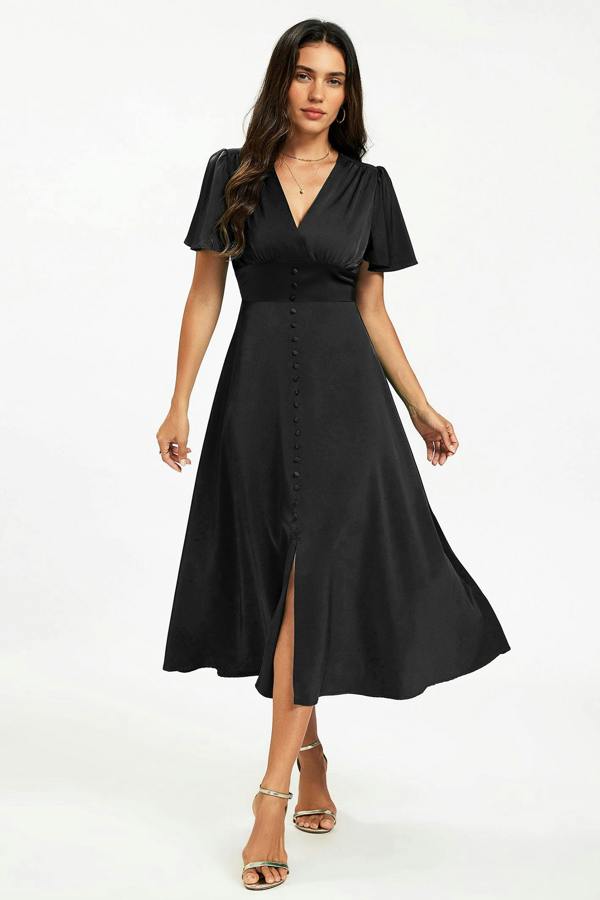 FS Collection Satin V neckline Button Detail Dress In Black