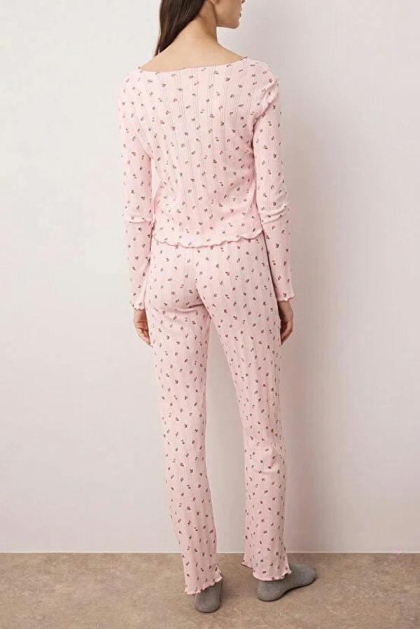 WOVCOR 2- Piece Cotton Floral Knit Pajama Set with Ribbon/Bow Detail