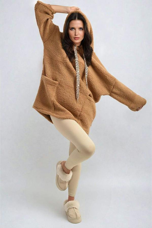 Melissa Drawstring Teddie Hoodie Jacket With Front Pockets - Camel