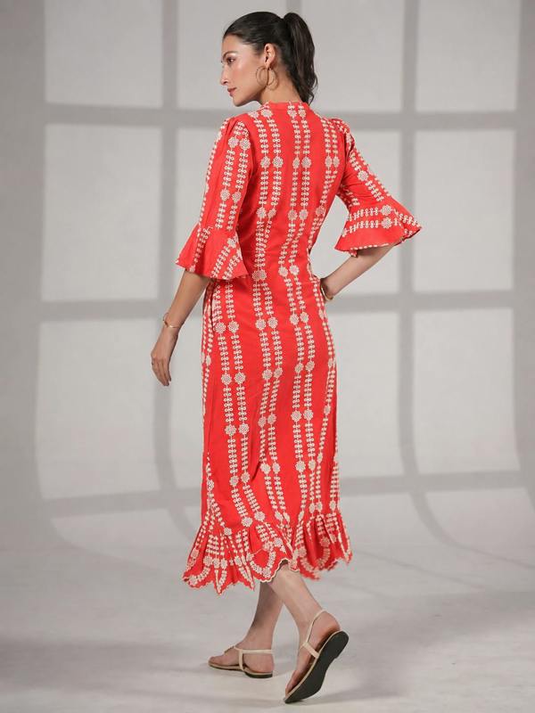 Rose & Nancy Cat Coral Embroidered Midi Dress