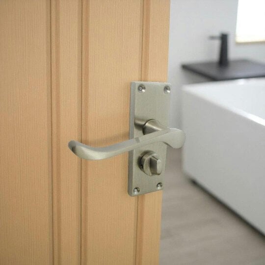 EDH Door Hardware Victorian Scroll Satin Nickel Bathroom Door Handles Set with Privacy Lock 2 Pair