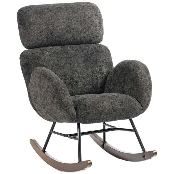 Upholstered Rocking Chair Adjustable Headrest Rocker Chair Raindrop Velvet Rubberwood Base Dark Grey