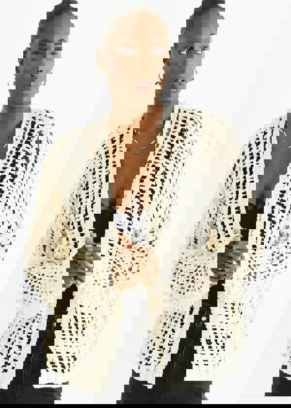 Gini London Cream Open Knit Edge to Edge Cardigan