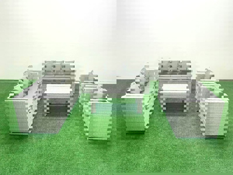 Fimous Outdoor Garden Furniture Rattan Sofa Set with 2 Armchairs Oblong Coffee Table Light Grey Mixed