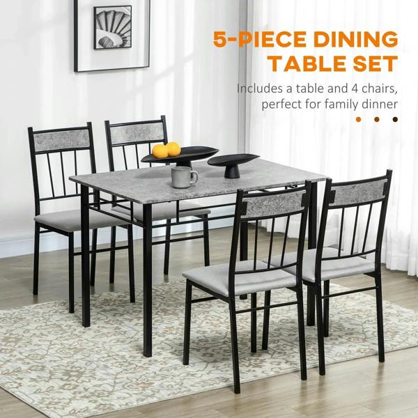 Five-piece dining table set with grey marble-effect tabletop and four black chairs