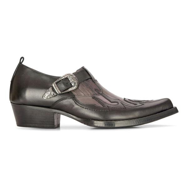 Infinity Leather Men's Leather Western Shoes Black Cuban Cowboy Winklepickers Classic Buckle Shoe