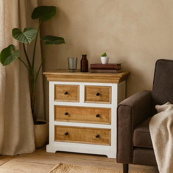 Wyld Haus Alington White and Natural Solid Mango Wood Four Drawer Chest