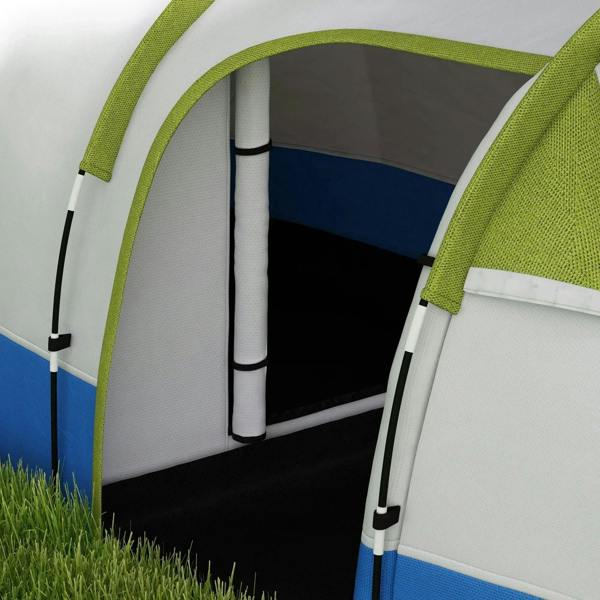 Tent doorway opening with gray interior and green-trimmed arch, secured by poles