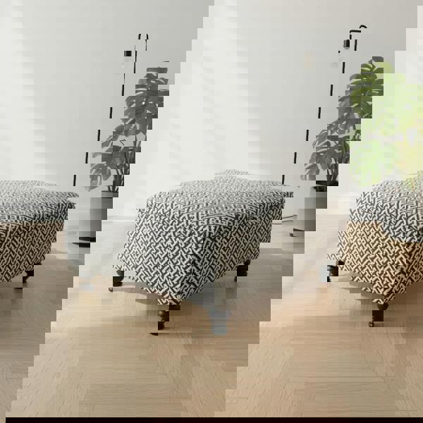 Embossed fabric storage footstool ottoman with wooden legs and hidden storage compartment