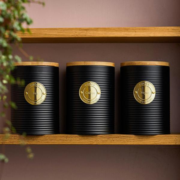 Cooks Professional 3 Piece Kitchen Storage Set with Bamboo Lids | Black / Gold